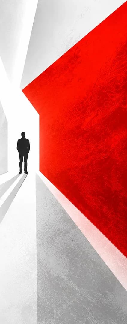 A lone figure stands at the threshold of a corridor opening into red light.